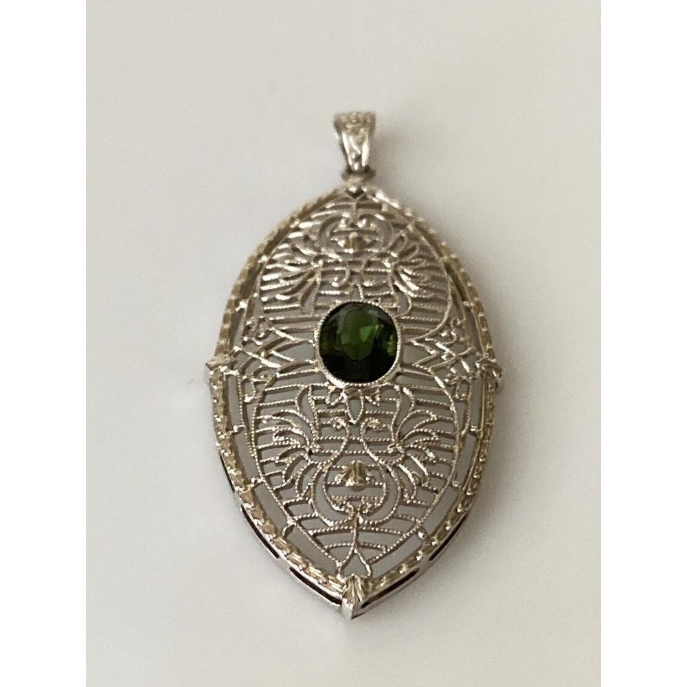 10k Solid White Gold Art Deco Style Filigree Glass Emerald Pendant
